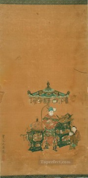 three women at the table by the lamp Painting - scroll illustrating the heart sutra 1543 old China ink